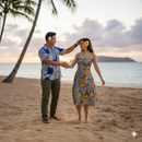 A smiling couple wearing matching tropical-themed outfits stands on a sandy beach at sunset. The man wears a blue and white floral button-down shirt, and the woman wears a grey and yellow leaf-print midi dress with a yellow flower in her hair. An island and calm ocean are visible in the background.
