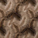 A repeating tropical pattern of overlapping palm leaves in shades of brown, beige, and tan on a textured, light-colored background.