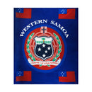 A square fleece blanket featuring the national symbols of Samoa. The central design displays the Western Samoa Coat of Arms encircled by the words "WESTERN SAMOA" in bold white lettering. The background is deep blue, accented by four smaller Samoan national flags in each corner, showcasing the red field with the Southern Cross constellation on a blue canton.